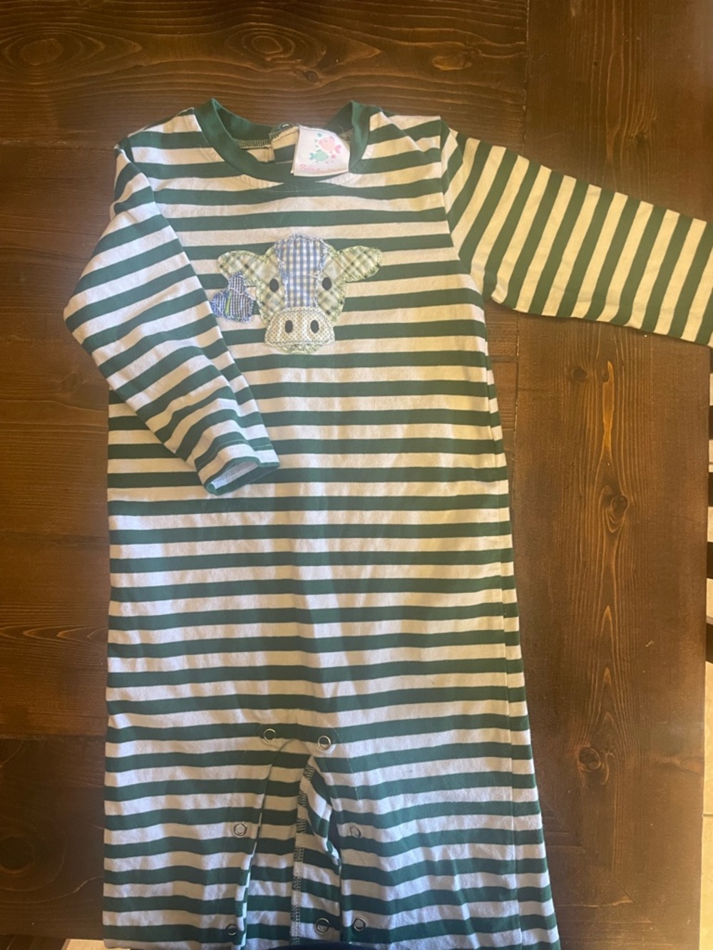 Green & White Striped Baby Romper with Patch Cow